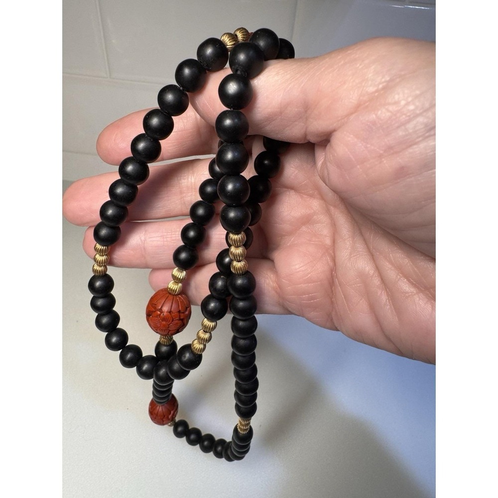 VTG Matte Onyx & Carved Red Cinnabar Necklace 27" Gold Filled Beads Bail/Clasp - Picture 9 of 10
